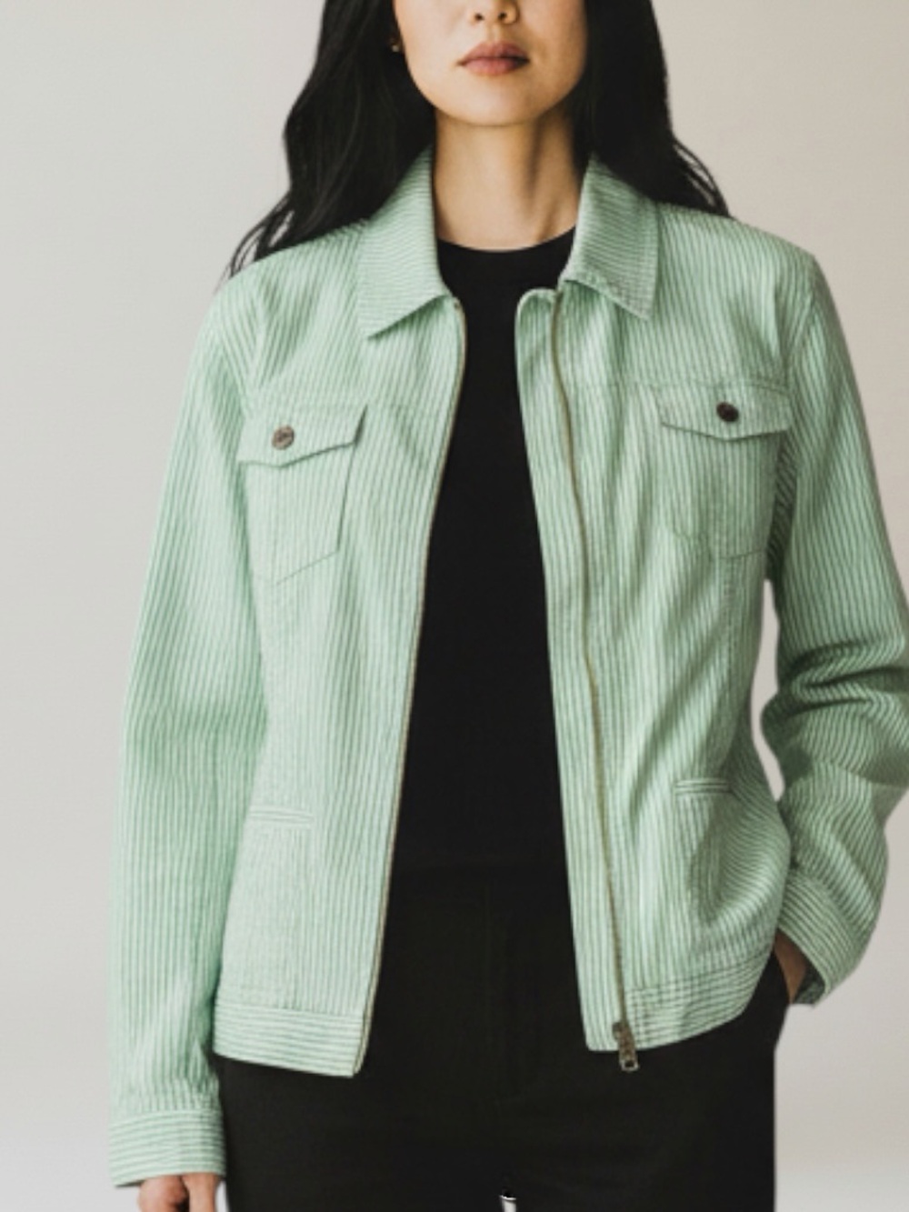 Jones New York Signature Stretch Utility Jacket Striped Utility Jacket in Green